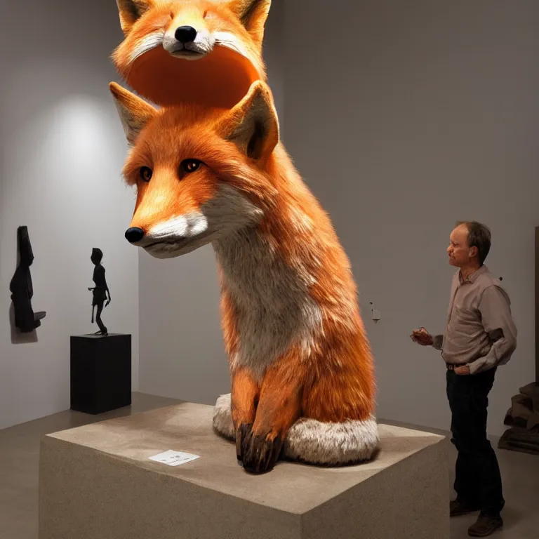 Image similar to hyperrealistic sculpture of a giant fox head on a pedestal by ron mueck and pixar and duane hanson, hyperrealistic dramatic lighting trending on artstation 8 k