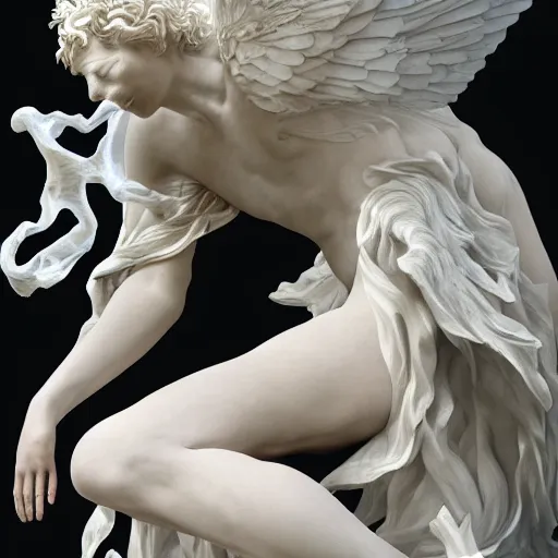 Image similar to realistic digital painting of a stunning intricate cracked white marble falling angel bernini sculpture, trailing white vapor, mycelium stands and misty xparticles neutral tone background, trending on artstation, hyperrealism, matte painting, subsurface scattering