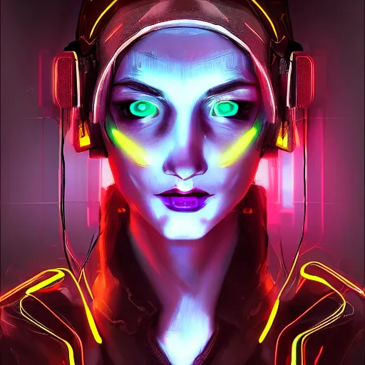 Prompt: portrait of an elf in a cyberpunk style, neon lights, digital art, artstation cgsociety masterpiece