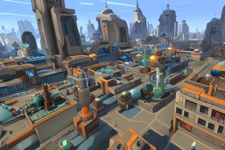 Image similar to futuristic city in team fortress 2