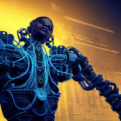 Image similar to aerial view of a robot doing a surgery on a black man with long curly hair, 3d render inspired art by P. Craig Russell and Barry Windsor-Smith + perfect facial symmetry + dim volumetric lighting, 8k octane beautifully detailed render, post-processing, extremely hyperdetailed, intricate futuristic mechanic parts, epic composition, grim yet sparkling atmosphere, cinematic lighting + masterpiece, trending on artstation