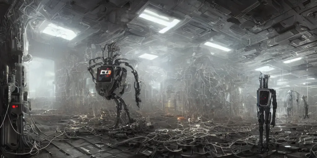 Image similar to robot bionical parallax volumetric coherent colossal ruined server room in datacenter portrait symmetrical face by eddie mendoza blender robot figure automata drone robot welder posing pacing fixing mono sharp focus, emitting diodes, racks, system unit, artstation cgsociety artofmtg hyperrealism cinematic dramatic painting concept art of detailed character design