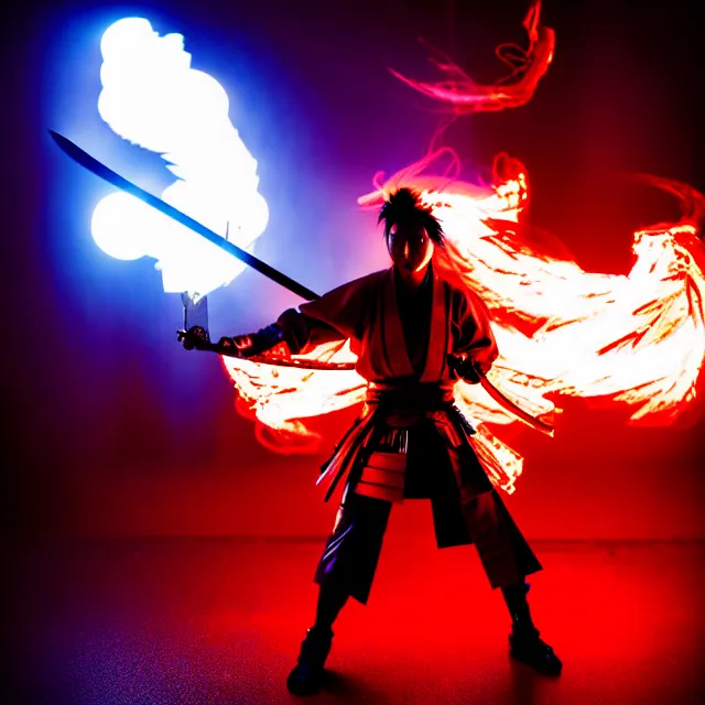 Prompt: cyber samurai fire dance slashing sword atomic, detailed bushido form smoke, fighting stance atomic energy, shibuya prefecture, cinematic neon uplighting, fog mist smoke, photorealistic, night photography by tomino - sama