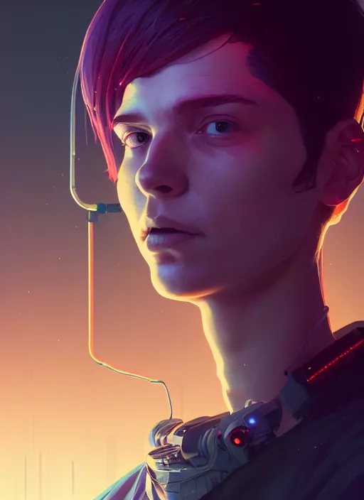 Image similar to highly detailed portrait of a cyberpunk sci - fi hacker, stephen bliss, unreal engine, greg rutkowski, loish, rhads, beeple, makoto shinkai and lois van baarle, ilya kuvshinov, rossdraws, tom bagshaw, alphonse mucha, global illumination, detailed and intricate environment