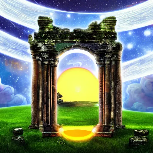 Prompt: a colossal gigantic glowing orange jellyfish hovering beneath a portal in the sky, galaxies and stars in a stylized sky, verdant landscape in the foreground, ancient ruins in the background, digital art