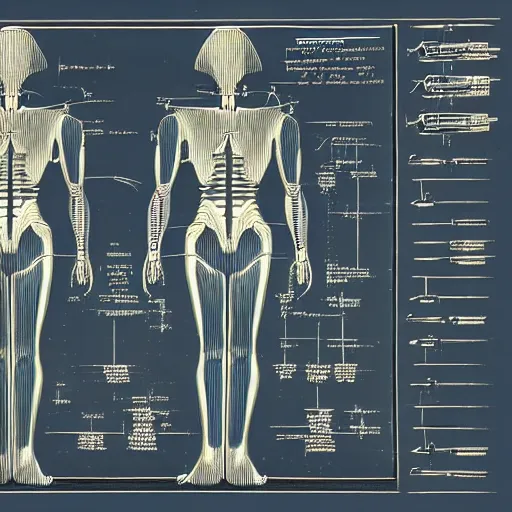 Prompt: technical blueprint of a human made by a non-biological alien species