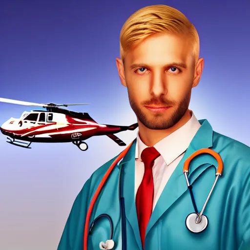 Prompt: blond male doctor in front of helicopter, epic lighting, digital art