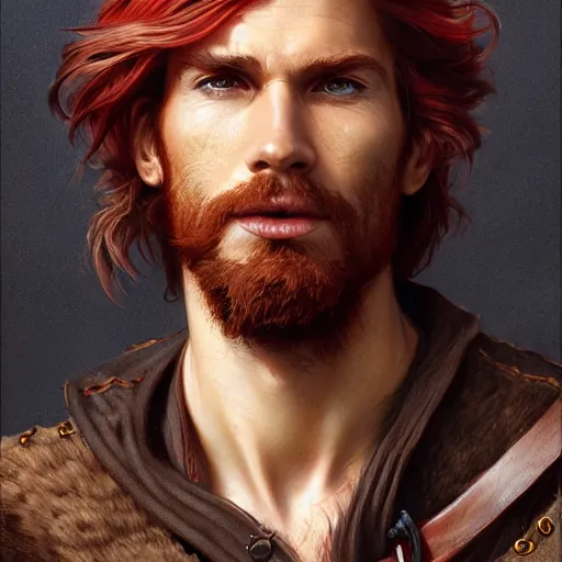 Image similar to portrait of a young ruggedly handsome but joyful pirate, male, masculine, upper body, red hair, long hair, d & d, fantasy, fierce, sharp features, intricate, elegant, highly detailed, digital painting, artstation, concept art, matte, sharp focus, illustration, art by artgerm and greg rutkowski and alphonse mucha