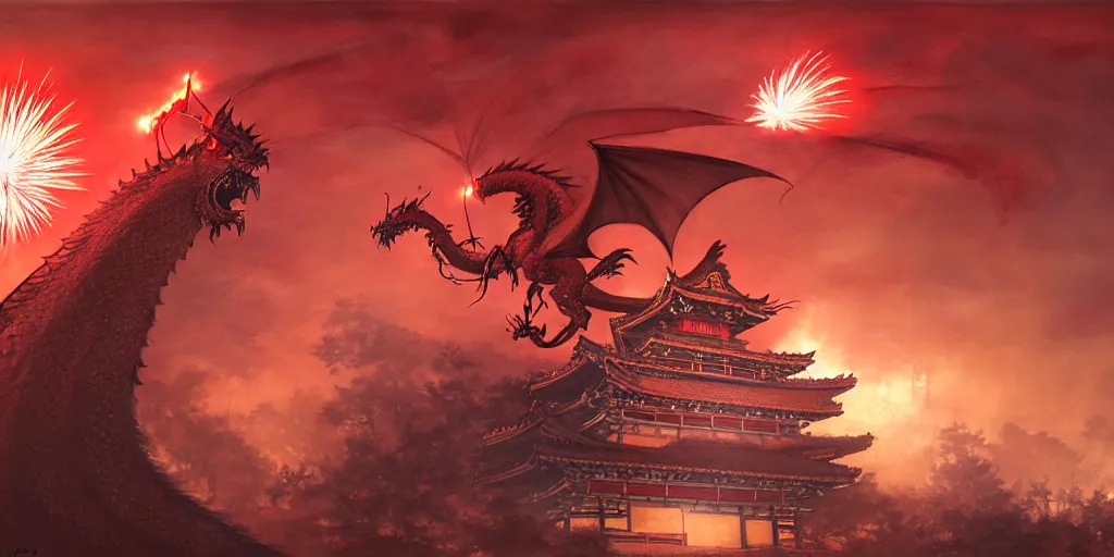 Prompt: Stunning Portrait of A Red dragon flying above a Feudal Japan temple, during a fire works festival at night by Kim Jung Gi, Blizzard Concept Art Studio Ghibli. oil paint. 4k. by brom, Pixiv cute anime girl wearing police gear by Ross Tran, Greg Rutkowski, Mark Arian, soft render, octane, highly detailed painting, artstation