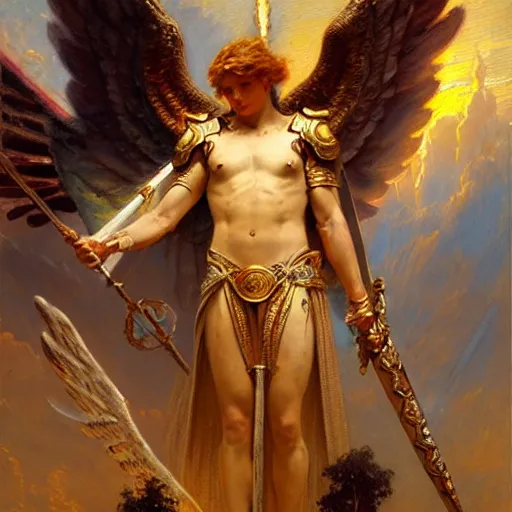 Image similar to saint michael the angel, guarding the world from evil. highly detailed painting by gaston bussiere, greg rutkowski 8 k