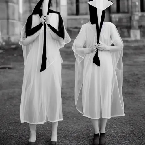 Image similar to photo of wearing pointed hats, translucent dresses, two freaky levitating twin nuns