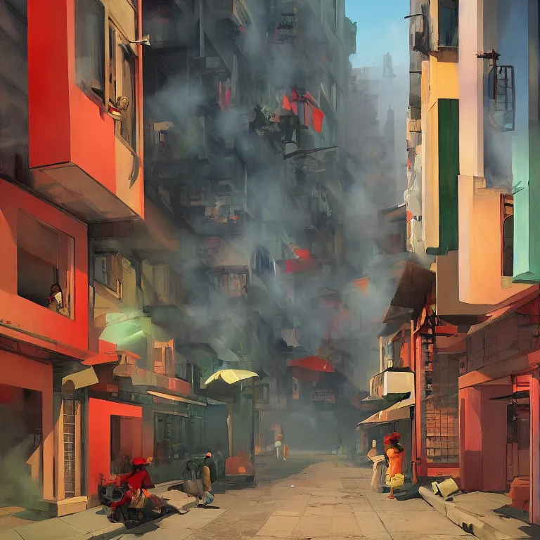 Image similar to honk kong slums in smoke, , painted by Edward Hopper, painted by James Gilleard, airbrush