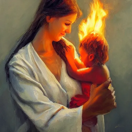 Prompt: beautiful woman cradling her child made of fire by stefan kostic, elegant, realistic, loving