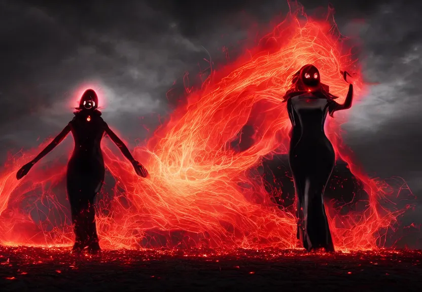 Prompt: low angle shot of a Woman made of black flames, wearing a strict business suit, with no face, with no mouth, with glowing red eyes, with a red halo over her head, with red halo, growing out of a giant rose, rose petals flying in the wind, war, authoritarian, tense, madness combat, strong dramatic cinematic lighting , blood red sky, grey skin, smooth, sharp focus, extremely detailed, illustration, digital painting, artstation, museum, sharp focus, by Godmachine and Caravaggio