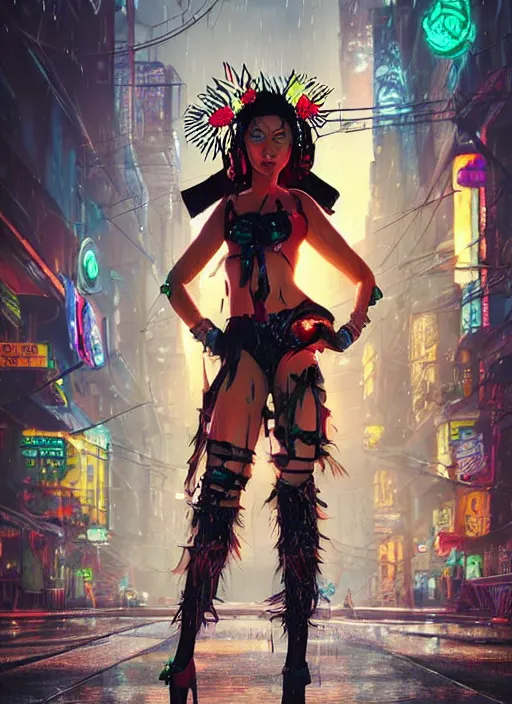 Image similar to An epic fantasy comic book style full body portrait painting of a very beautiful cyberpunk Hula Dancer in the rain, neon reflections in the rain puddles, character design by Mark Ryden and Pixar and Hayao Miyazaki, unreal 5, DAZ, hyperrealistic, octane render, cosplay, RPG portrait, dynamic lighting, intricate detail, cinematic