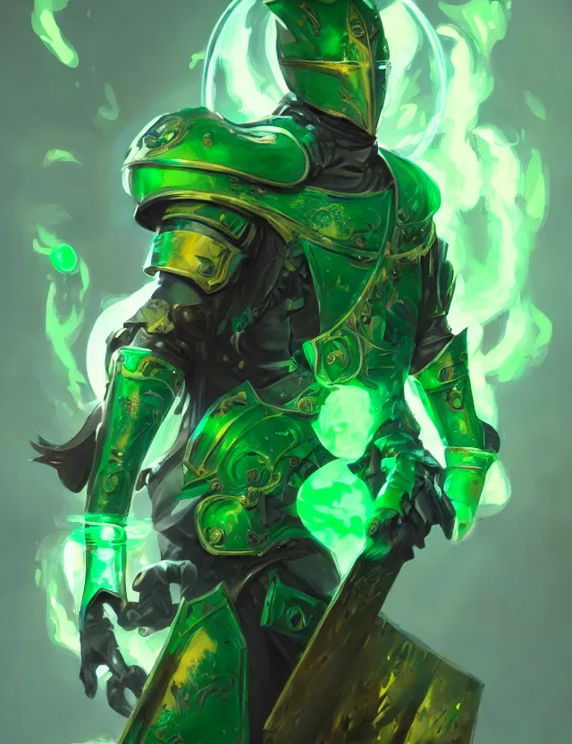 Prompt: masked knight in jade coloured cyberpunk armour alight with green flames, by frank fazetta and peter mohrbacher, trending on artstation, digital art, 4 k resolution, detailed, high quality, hq artwork, character concept, character full body portrait