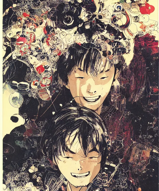 Prompt: a portrait of handsome a young japanese man who is smiling enthusiastically into the camera, a masterful and highly - skilled full color illustration by otomo katsuhiro, jon foster and terada katsuya