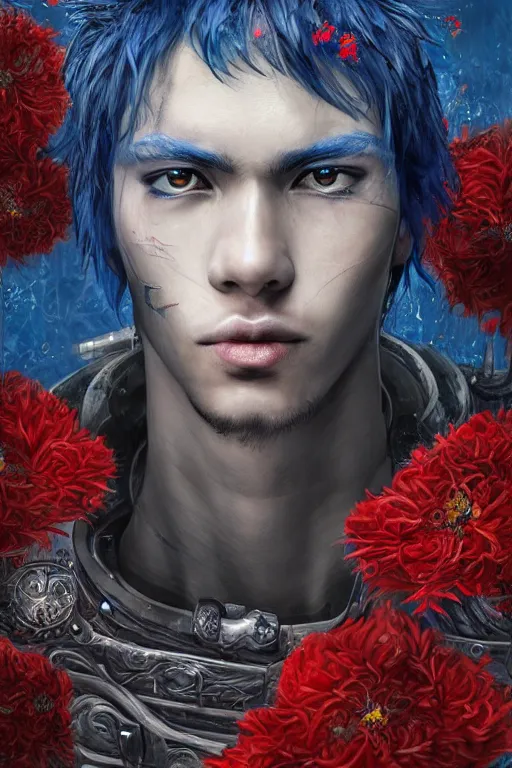 Prompt: portrait of beautiful young man, warhammer, japanic style, cyberpunk, a lot of scars, more and more flowers, blue head, some red water, the middle ages, highly detailed, artstation, illustration, artgerm sylvari portrait, 8 k quality, art by max ernst