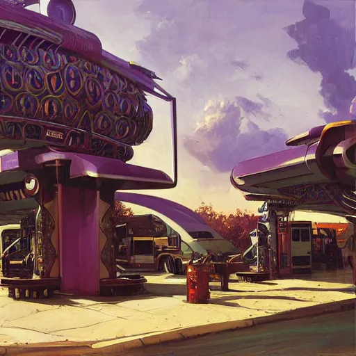 Prompt: painting of syd mead artlilery scifi organic shaped gas station with ornate metal work lands on a sidewalk, floral ornaments, african architecture volumetric lights, purple sun, andreas achenbach