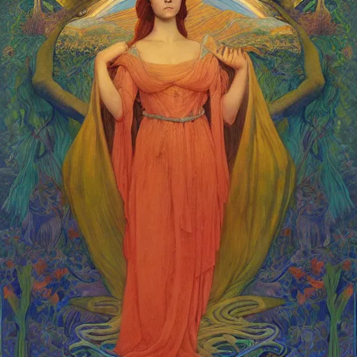 Prompt: princess of the dawn mountains, by annie swynnerton and charlie bowater and diego rivera and nicholas roerich and jean delville and evelyn de morgan, dramatic lighting, brocade robes, elaborate floral ornament, rich colors, smooth sharp focus, extremely detailed