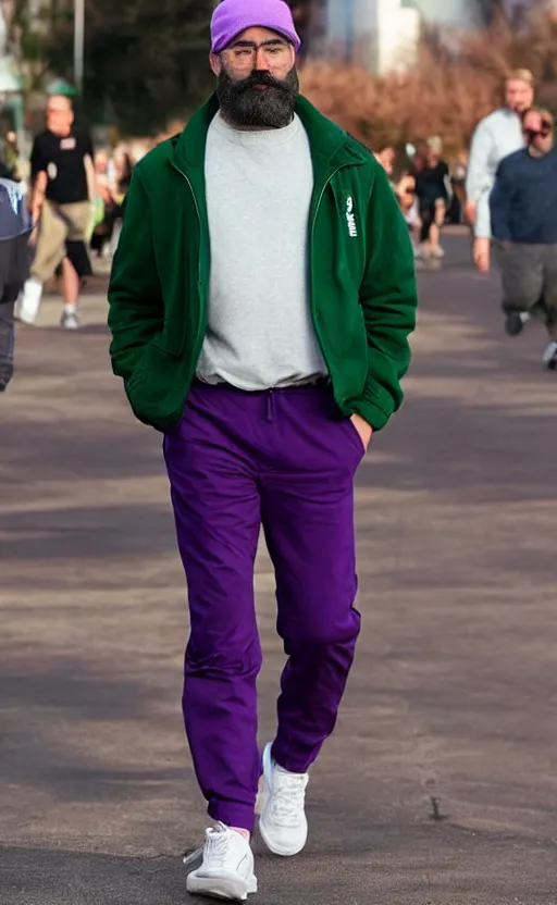 Prompt: a man of caucasian appearance with a chin - style dark brown beard without mustache in a full black cap, green jacket, purple pants and white sneakers in full height, perfect face