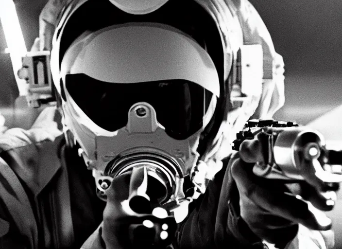 Image similar to a noir detective astronaut with a gun, black and white cinema, cinematic composition