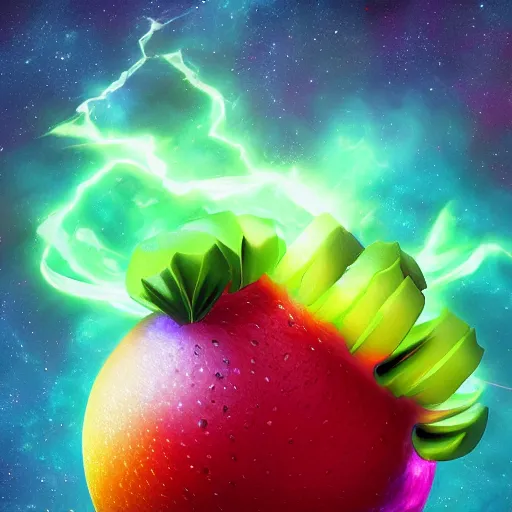 Prompt: Trending on artstation. Digital painting. A cosmic slice of fruit. Unreal engine render.