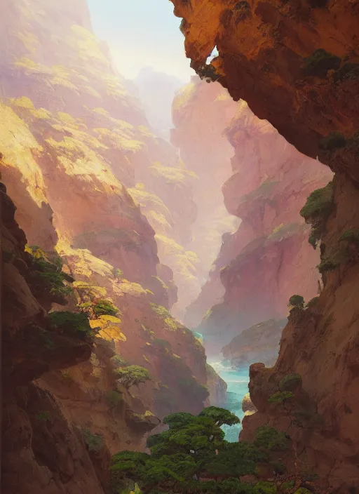 Prompt: a canyon with a narrow ridge of rock separating two valleys, extremely detailed oil painting, unreal 5 render, rhads, sargent and leyendecker, savrasov levitan polenov, bruce pennington, studio ghibli, tim hildebrandt, digital art, landscape painting, octane render, beautiful composition, trending on artstation, award winning photograph, masterpiece