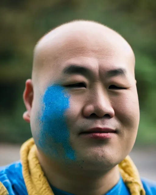 Prompt: gold, blue, photo of a balding asian male, 8 k, 8 5 mm f 1. 8