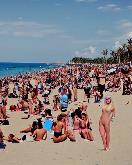 Prompt: a crowd of christina aguilera, beach