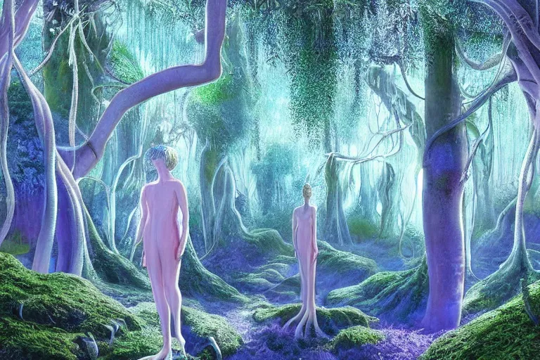 Prompt: hyperrealistic shining transparent person at mystical blue color scheme exotic forest, white pink glowing foliage, large tall trunks trees, intricate hanging vines, moss by miyazaki, nausicaa ghibli, moebius