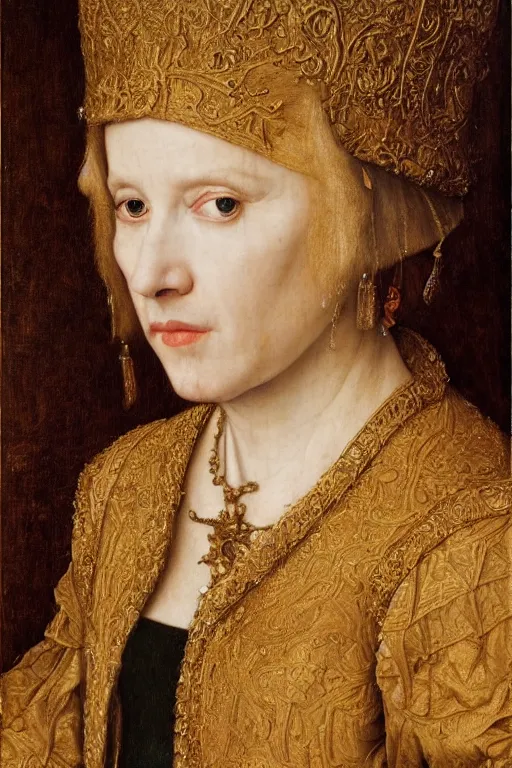 Prompt: portrait of juliette lewis, oil painting by jan van eyck, by hans holbein, northern renaissance art, old masters, alla prima, realistic, expressive emotions, intricate textures, illusionistic detail, masterpiece