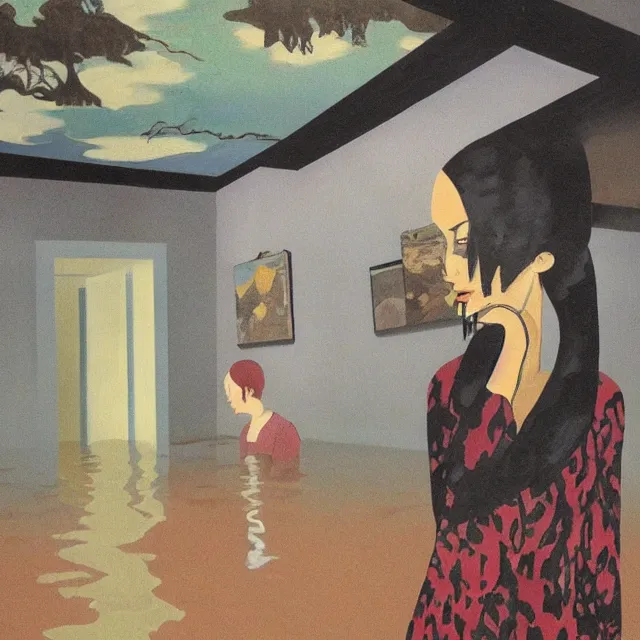 Image similar to tall female emo artist in her flooded apartment, water gushing from ceiling, painting of flood waters inside an artist's home, a river flooding indoors, pomegranates, pigs, ikebana, zen, water, octopus, river, rapids, waterfall, black swans, canoe, berries, acrylic on canvas, surrealist, by magritte and monet