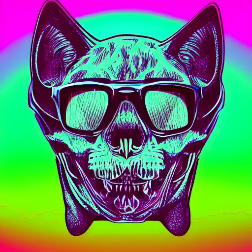 Image similar to cat skull in hoodie, portrait, vaporwave, synthwave, neon, vector graphics, cinematic, volumetric lighting, f 8 aperture, cinematic eastman 5 3 8 4 film, photorealistic