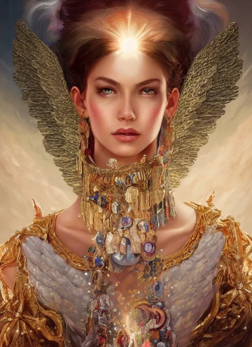 Image similar to A beautiful digital painting of a female angel full of jewels, princess, the moon behind her, intricate, cinematic lighting, highly detailed, digital painting, Artstation, concept art, smooth, sharp focus, illustration, art by Tom Bagshaw, Artgerm and Greg Rutkowski