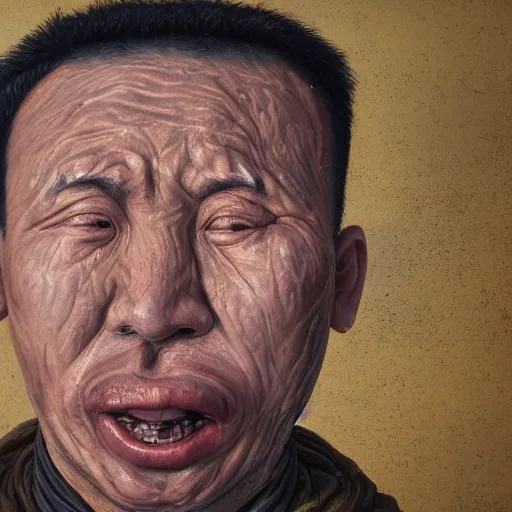 Image similar to face portrait of chinese uyghur muslim prisoner and melting wax, wearing victorian rags, elite, disfigured, drooling, moist, unnatural movement, they are unhappy, bizzaro, baroque, renaissance, by emedios varo and anato finnstark and fenghua zhong, hyperrealism, 8 k, 3 d, masterpiece, texture