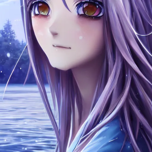 Prompt: a very beautiful anime girl, full body, long braided curly silver hair, sky blue eyes, full round face, short smile, casual clothes, winter lake setting, cinematic lightning, medium shot, mid-shot, highly detailed, trending on Artstation, Unreal Engine 4k, cinematic wallpaper by Stanley Artgerm Lau, WLOP, Rossdraws, James Jean, Andrei Riabovitchev, Marc Simonetti, and Sakimichan