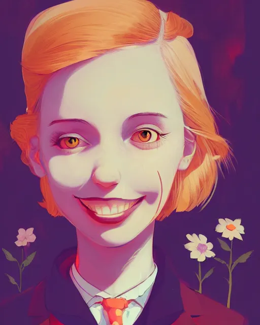 Image similar to digital illustration of pretty girl with short blonde hair hair, from alice in wonderland, smoking, happy eyes, smiling, in a wonderland forest, in junkyard at night, by ilya kuvshinov, lois van baarle, rossdraws, basquiat