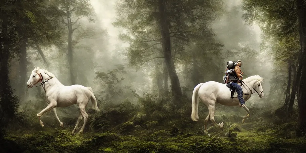 Prompt: a single astronaut riding on the back of a white horse through a forest, a detailed matte painting by frieke janssens, featured on cgsociety, fantasy art, matte painting, reimagined by industrial light and magic, matte drawing