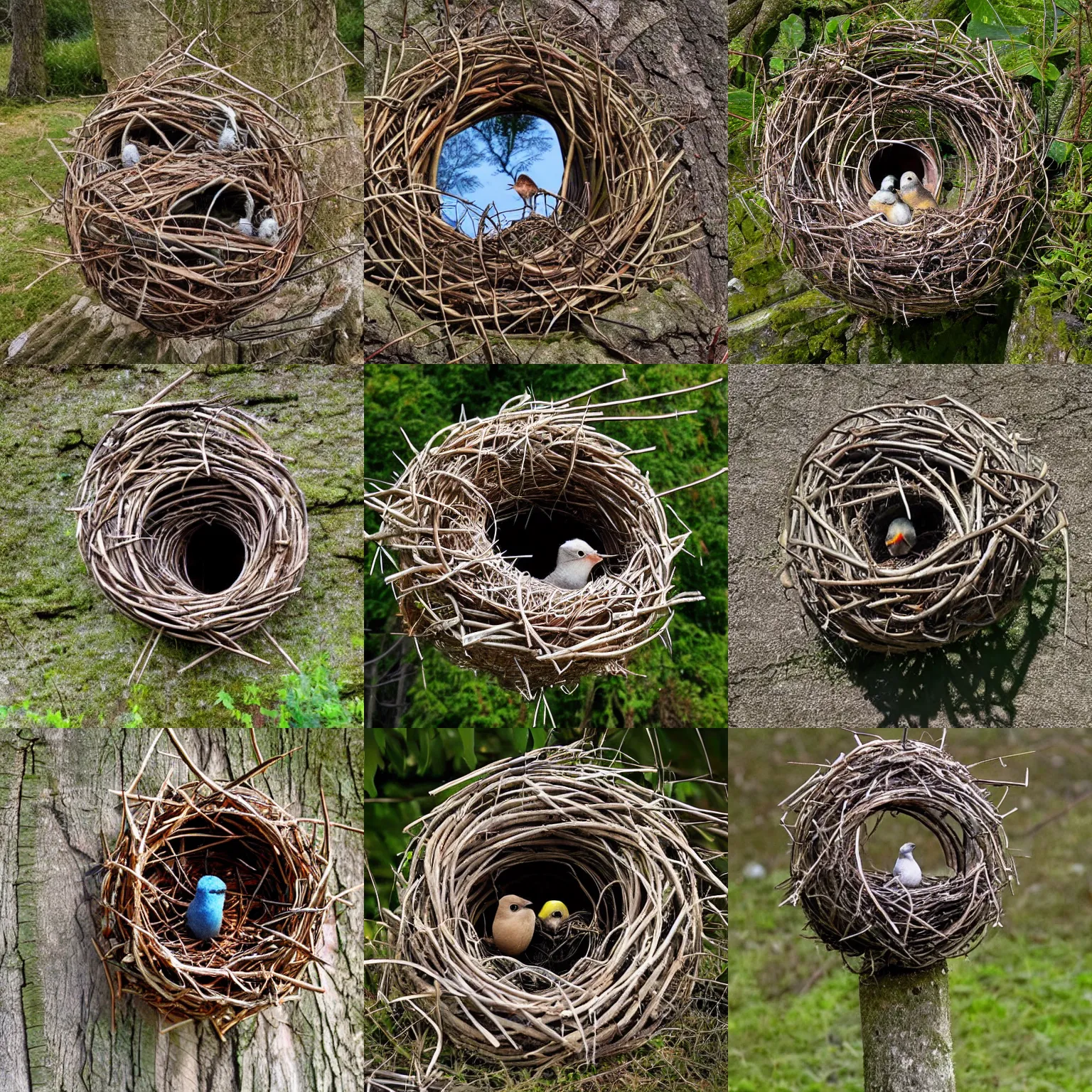 Prompt: Bird nesting in an environment art sculpture by Nils-Udo, leaves twigs wood, nature, natural, round form, Bird inside, leaf spiral pattern around outside of structure