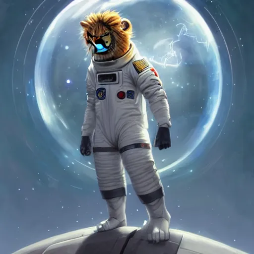 Image similar to an lion wearing a astronaut outfit,character design by charlie bowater, ross tran, artgerm, and makoto shinkai, detailed, inked, western comic book art, 2021 award winning painting,digital art,ultra realistic,ultra detailed,art by greg rutkowski,photorealistic,hyperdetailed,relaxed