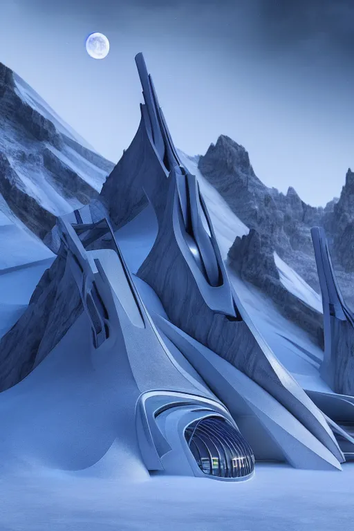 Image similar to zaha hadid buildings in the middle of a planet hoth star wars scene in the mountains with a crescent moon, trending on artstation, blue lasers, cinematic matte painting, stormy weather, pastel sunset in the craggy dolomites, extreme detail photo quality, dark moody colors, featured on behance