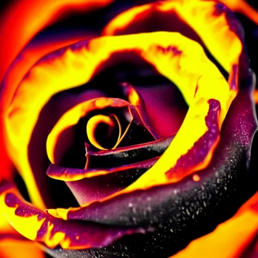 Image similar to award - winning macro of a beautiful black rose made of glowing molten magma