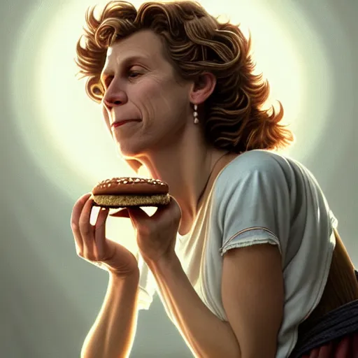 Prompt: portrait of frances mcdormand eating hamburgers, extra onions and ketchup, luscious patty with sesame seeds, feminine ethereal, handsome, d & d, fantasy, intricate, elegant, highly detailed, digital painting, artstation, concept art, matte, sharp focus, illustration, art by artgerm and greg rutkowski and alphonse mucha