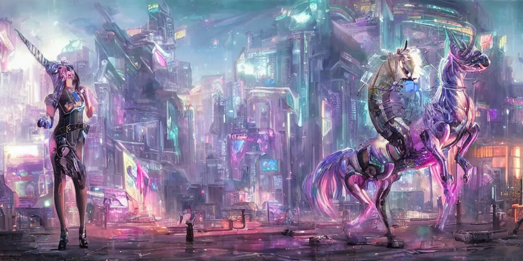 Image similar to unicorn in a futuristic cyberpunk town. By Konstantin Razumov, highly detailed