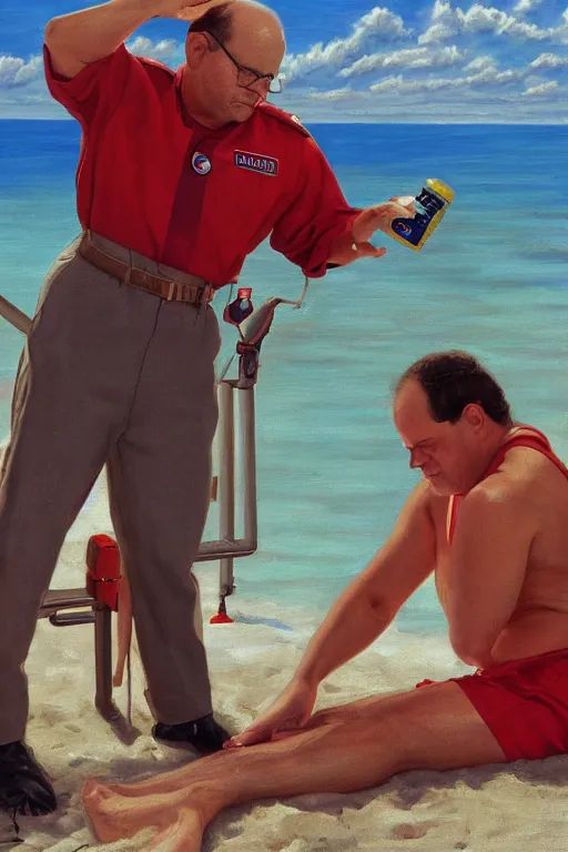 Image similar to george costanza being saved by a lifeguard oil on canvas, intricate, portrait, 8 k highly professionally detailed, hdr, cgsociety