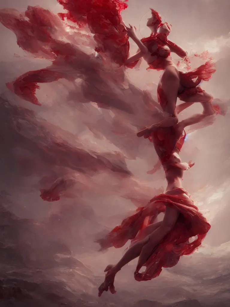 Image similar to expressive full body photo beautiful nymph floating above the permafrost in a cloud of red ether, 3 d render, hyper realistic detailed portrait, ruan jia, wlop. scifi, fantasy, hyper detailed, decolletage, confident pose, octane render, concept art, peter mohrbacher