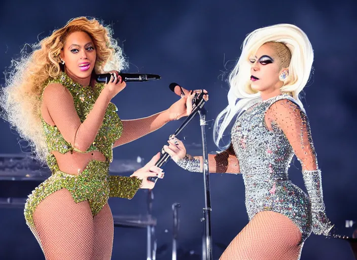 Image similar to beyonce and lady gaga perform together at a concert, ( eos 5 ds r, iso 1 0 0, f / 8, 1 / 1 2 5, 8 4 mm, postprocessed, crisp face, facial features )