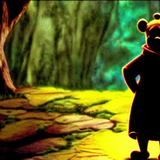 Image similar to Winnie the Pooh as Morpheus in The Matrix (1999), Film Still, 35mm dramatic lighting, cinematic, deep focus, styleframe,