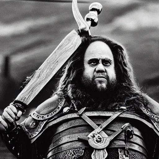 Image similar to Danny DeVito dressed as a viking jarl, standing at the helm of a longship
